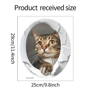 3D cartoon tabby cat wall sticker detail showing product size 25cm by 29cm for bathroom decor