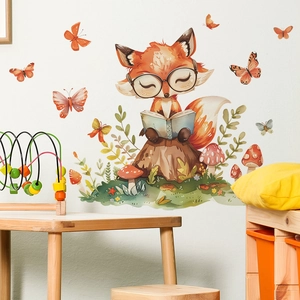 Watercolor Cartoon Fox Reading Book Wall Sticker For Kids Room Nursery PVC Self Adhesive Butterfly Mushroom Plant Wall Decal