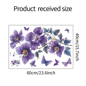 Aperçu de l'autocollant mural fleurs violettes et papillons, format 60x40cm