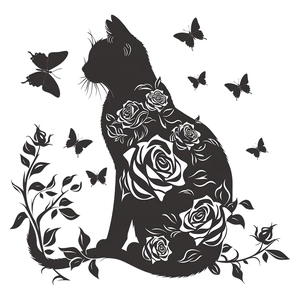 Creative black cat silhouette wall sticker with white rose patterns and butterflies