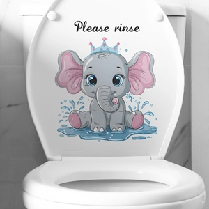 Adesivo elefante cartone animato con scritta Please rinse su coperchio WC bianco