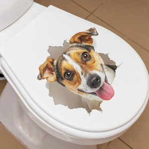 3D realistic Jack Russell dog puppy wall sticker bursting through a white bathroom wall