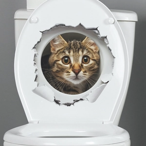 3D realistic tabby cat wall decal with broken wall effect for bathroom toilet decoration