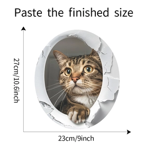 Detail showing a 3D cat wall sticker with dimensions 27cm x 23cm on a white background