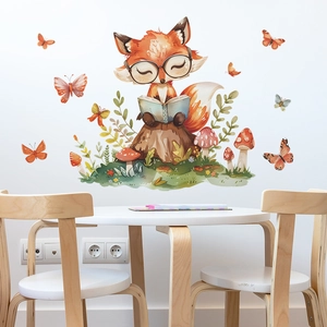 Cartoon fox reading a book wall sticker for nursery decoration in watercolor style