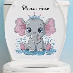 Dettaglio dell'adesivo per WC con elefante e testo 'Please rinse' su sedile bianco