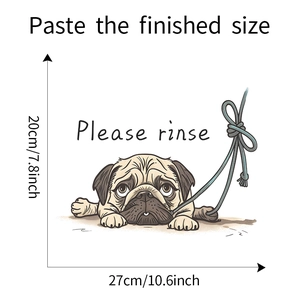 Detailed dimension guide for cute pug bathroom wall sticker with Please Rinse text