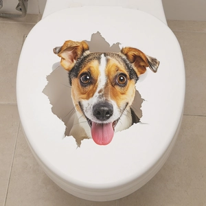 3D realistic puppy dog peeking through a hole bathroom toilet lid wall sticker decal
