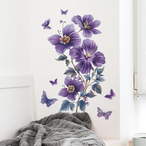 Stickers muraux fleurs mauves et papillons pour décorer salon et chambre à coucher