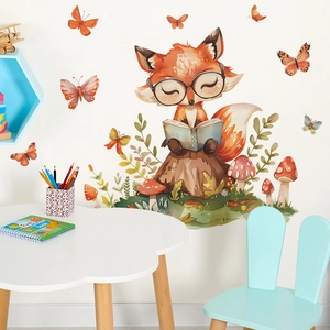 Cartoon orange fox reading book wall decal for kids room with watercolor butterflies
