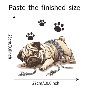 Detail view of pug dog toilet sticker with dimensions 27cm by 25cm on white background