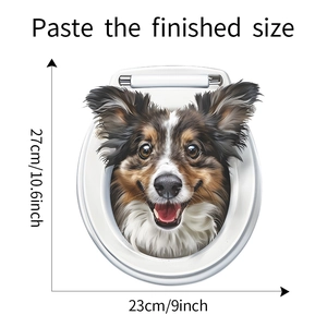Detail view of 3D border collie toilet lid sticker showing product size 27x23 cm