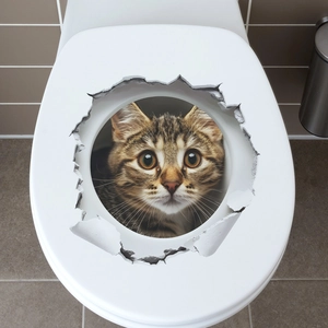 3D realistic tabby cat head wall sticker with creative broken wall effect for bathroom decor
