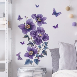 Stickers Muraux Fleurs de Coquelicot Violettes et Papillons en PVC Auto-Adhésif Décalcomanies Murales Florales Artistiques Amovibles pour Chambre Salon Décoration Maison