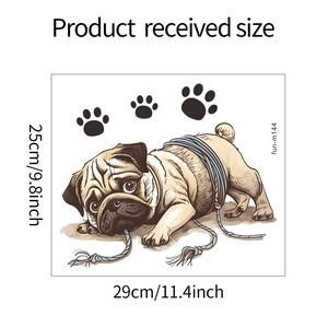 Detailed dimensions of 29x25cm showing pug dog wall sticker for bathroom decor