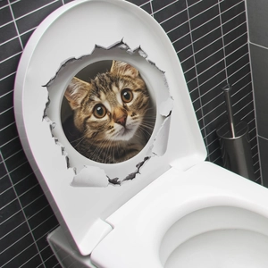 3D realistic tabby cat wall sticker with hole effect on white toilet lid surface