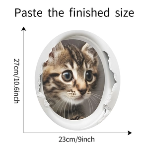 Detail showing the dimensions of 3D tabby cat toilet sticker 23cm by 27cm