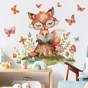 Cartoon fox reading book wall sticker with mushrooms and butterflies for nursery decor