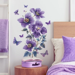 Stickers muraux coquelicots violets avec papillons pour décor de chambre et salon