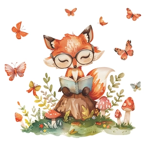 Cartoon fox reading on a tree stump wall sticker for kids room and nursery decor