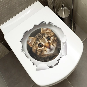 3D cracked wall effect sticker featuring a realistic brown tabby cat for bathroom decor