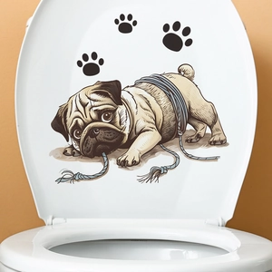 Funny Cartoon Pug Dog Toilet Seat Sticker Waterproof PVC Animal Wall Decal For Bathroom Decor Cute Pug With Paw Prints