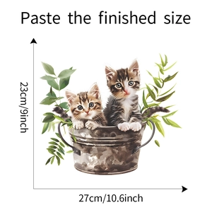 Detailed view of cat and green leaves wall sticker with product size dimensions