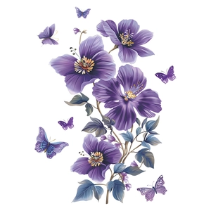 Stickers muraux élégants fleurs d'hibiscus mauves et papillons pour décor de maison