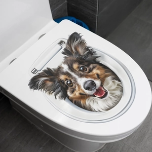 3D realistic border collie dog sticker on white toilet lid with grey tile background