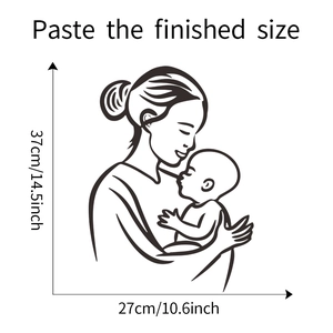 Détail montrant les dimensions 37x27cm du sticker mural minimaliste mère et bébé