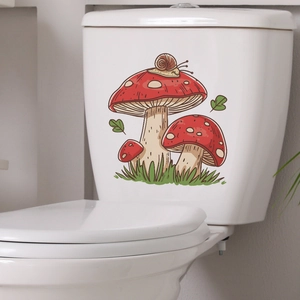 Cartoon mushroom and snail wall sticker on a white ceramic toilet tank for bathroom decor