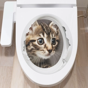 Detail of 3D realistic cat toilet sticker with broken hole effect on white cover