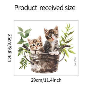 Detailed dimensions of the cute cartoon cat and green leaf plant bathroom wall sticker
