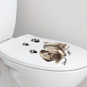 Realistic pug dog wall sticker with black paw prints on white toilet lid decoration