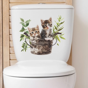 Cartoon cats in metal buckets with green leaves decorative wall stickers for bathroom decor