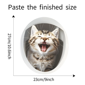 Detailed dimensions of a smiling tabby cat toilet sticker with size 23x27cm markers
