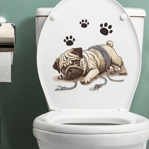 Creative pug dog toilet lid sticker with blue rope design and black paw prints