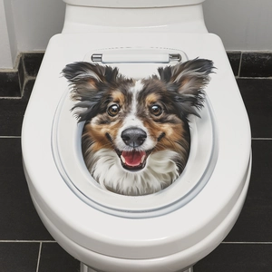Detailed macro view of 3D waterproof PVC Australian Shepherd dog toilet lid sticker