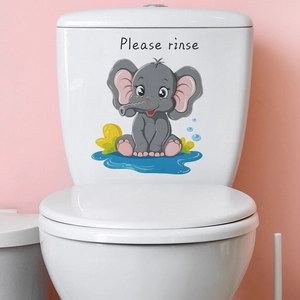 Adesivo per WC con elefante cartone animato e scritta 'Please rinse' su serbatoio