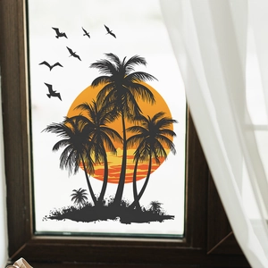 Detailed tropical sunset wall sticker with palm trees and birds on window glass