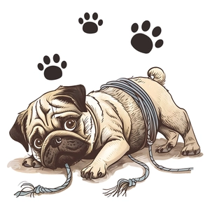 Funny pug dog wall sticker showing a cute puppy biting a rope for bathroom decor