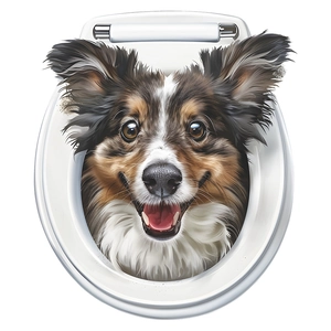 Close-up of a realistic smiling sheepdog sticker on a white bathroom toilet lid