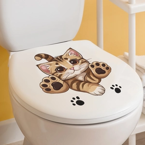 Dettaglio dell'adesivo per WC con gatto cartone animato e piccole impronte di zampe