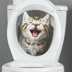 Detailed 3D cat wall sticker showing a realistic tabby cat popping out of a white toilet lid