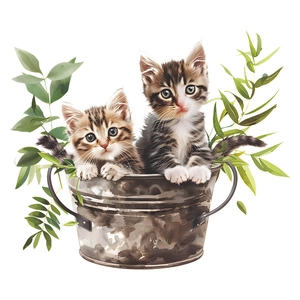 Detailed close-up of cute tabby kittens in a vintage metal bucket with green leaves