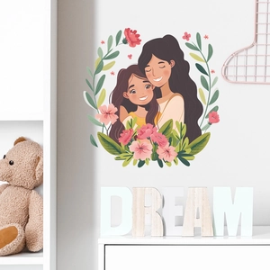 Sticker mural couronne de fleurs avec illustration mère et fille pour déco de chambre