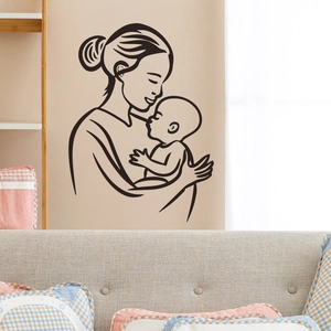 Détail d'un sticker mural design minimaliste d'une mère et son bébé pour chambre parentale