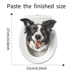Detail view of 3D border collie toilet sticker with dimensions 27cm by 21cm