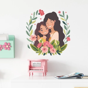Sticker mural couronne fleurie mère et fille dessin animé pour chambre d'enfant