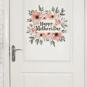 Sticker mural Bonne fête des mères avec fleurs roses sur porte en bois blanc